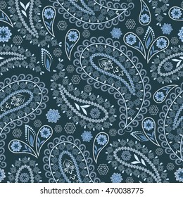 Seamless blue  pattern with paisley. Traditional ethnic ornament,. Vector print. Use for  wallpaper, pattern fills,textile design.