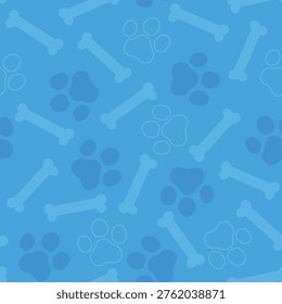 Seamless blue pattern with paw prints and dog bones in soft tones. Cute pet themed repeat background for kids fabric, wrapping paper, paw, wallpapers, patrol, pet shop branding, and stationery.