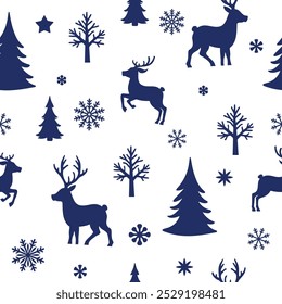 Seamless blue pattern with reindeers, trees, and snowflakes