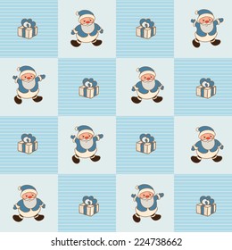 Seamless blue pattern with santa claus and gift