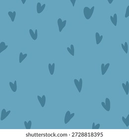 Nahtloses blaues Muster mit verstreuten handgezeichneten Herzformen in dunkleren Tönen. Minimale, flache Illustration im sanften Pastellstil, ruhiger, romantischer Hintergrund für Textilien, Tapeten und Prints.