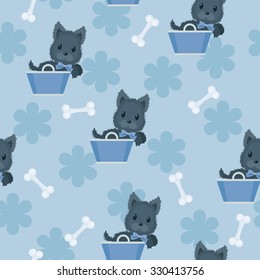 Seamless blue pattern. Scotch terrier in a blue basket with blue bow and bones around.