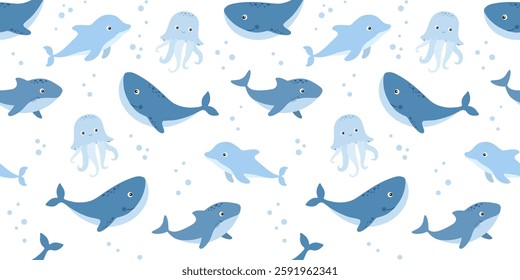 Seamless blue pattern with sea animals, underwater life, vector illustrations of jellyfish, shark, dolphin on white background. Nautical repeating design for nursery