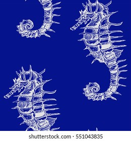 Seamless blue pattern with sea horses. Vector