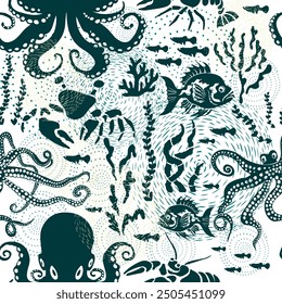 Seamless blue pattern sea inhabitants. hand drawing. Not AI, Monochrome flat Vector illustration.