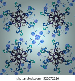 Seamless blue pattern with snowflakes, mandalas and blue flowers. Vector illustration