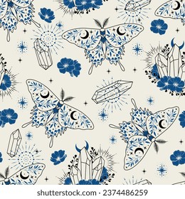 Patrón azul inmaculado con mariposa espacial, cristales, hierbas, estrellas y flores. Composición contemporánea. Textura de moda para impresión, textil, envasado.