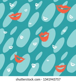 Seamless blue pattern with blue stains. Background with blue stains. Seamless background with geometric element and lips
