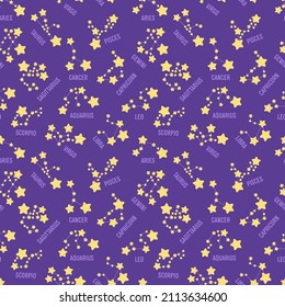 Seamless blue pattern of the starry sky. Children's cute vector wallpaper with zodiac constellations and their titles.