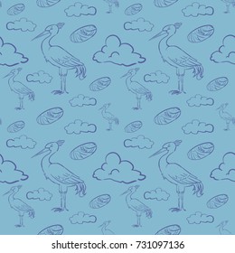 Seamless blue pattern Stork and children