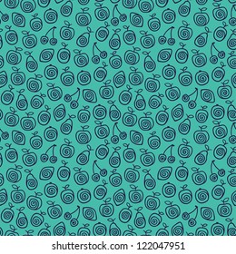 Seamless blue pattern with stylized fruits. Vector illustration