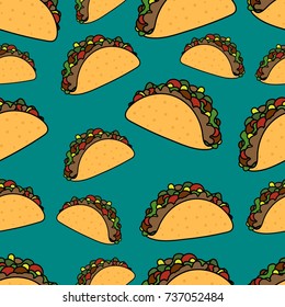 Seamless blue pattern with tacos. Mexican style. Vector illustration.