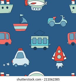 Seamless blue pattern with transportation icons