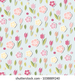 Seamless blue pattern with tulips pink flowers. Vector illustration.