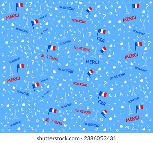 Seamless blue pattern wallpaper of french flag, letters, eiffel tower, hearts. Сoncept of learning French. Merci, bonjour,  au revoir, je t'aime. Translate: thank you, hello, goodbye, I love you. 