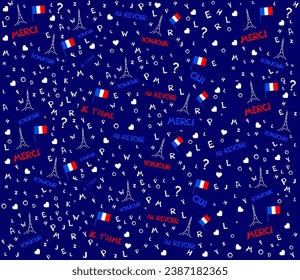 Seamless blue pattern wallpaper of french flag, letters, eiffel tower, hearts. Сoncept of learning French. Merci, bonjour,  au revoir, je t'aime. Translate: thank you, hello, goodbye, I love you.