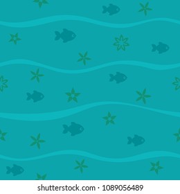 Seamless blue pattern with waves, fish and seaweed