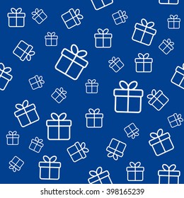 Seamless blue pattern with white gift boxes. Pattern for fabric print, wrapping paper design