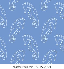 Seamless blue pattern with white line art style seahorse floating in a repeating ocean themed design.