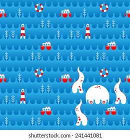 Seamless blue pattern with white octopus luring red ships, lifebuoy, water plants and waves 