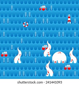 Seamless blue pattern with white octopus luring red ships, lifebuoy, water plants and waves 