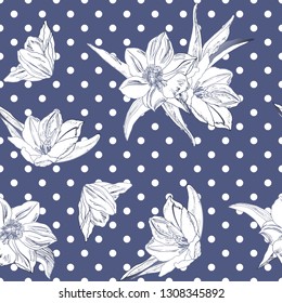 Seamless blue pattern with white tropic flowers, circles for textile, bedlinen, cushion, undergarment, wallpaper, packing paper. Polka dots, spotted design. Vector illustration