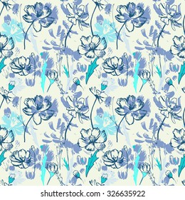 Seamless blue pattern with wildflowers