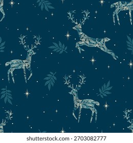 Seamless blue pattern with winter deers. Design for card, fabric, print, greeting, cloth, poster, clothes, textile.