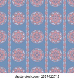 Seamless Blue and Pink Pattern with Decorative Circular Motifs and Vertical Ornamental Borders Elegant Floral Design for Wallpapers Textiles Fabrics Home Decor Vintage Art and Digital Projects