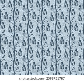 Seamless blue pixel background with flowers. 
