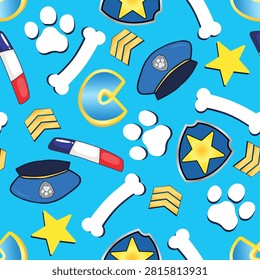 Seamless blue police puppy pattern with caps, siren lights, paw prints, bones, star badges and chevrons. Cute repeat background for kids fabric, wrapping and party decor.