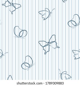 Seamless blue print of a butterfly on a striped background. Linear butterfly pattern and striped print