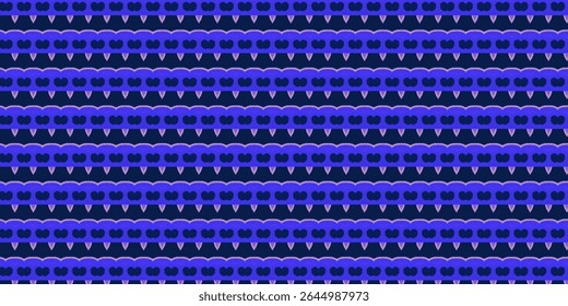 Padrão de desenho animado azul e roxo contínuo com simetria divertida e fundo escuro. Perfeito para desenhos abstratos, impressões têxteis ou temas de arte digital.
