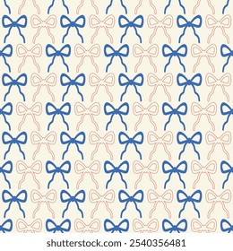 Seamless blue and red coquette bows ribbons pattern  on a soft background.for prints, wrapping paper, wallpaper, textile, stationary, fabric