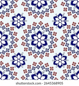 Seamless Blue and Red Floral Pattern with Stylized Petals and Geometric Accents on Light Background — Traditional Decorative Textile Design for Fabric, Wallpaper, and Digital Surface Projects