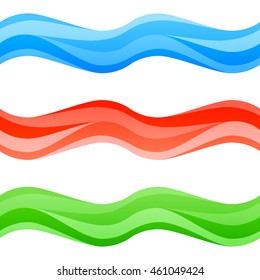 Seamless blue, red and green waves set. Abstract colorful design elements isolated on white. Vector illustration. EPS 10 with transparency and gradients