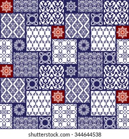Seamless with blue and red oriental motif. Colorful patchwork background. Set of pattern with filigree ornaments. Vector illustration.