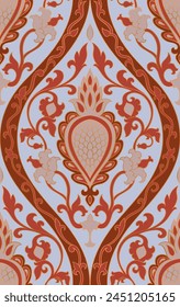 Nahtloses blaues und rotes Muster mit Zierblumen. Klassische florale Damastverzierung. Hintergrund für Bildschirmhintergrund, Textil, Teppich und jede Oberfläche. 