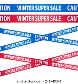 Seamless blue and red tapes - winter sale. Caution symbol.