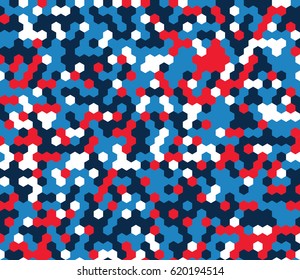 Seamless blue red and white hexagonal military fashion camouflage pattern vector