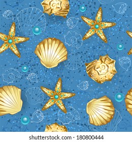 Seamless, blue, sandy background with gold seashells and starfish.