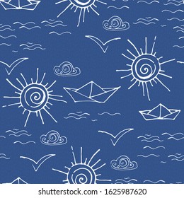 seamless blue sea doodle pattern