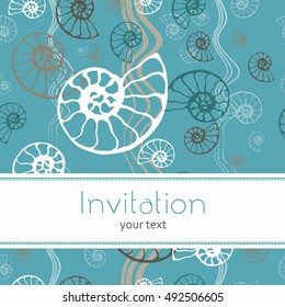 Seamless blue sea pattern fossil ammonite nautilus seashell vector. Hand drawn illustration for spa salon, seafood cafe, restaurant, corporate identity. Invitation vector template with fossil shells.