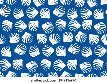 Seamless blue shell pattern. Monochrome vector for printing on fabric and paper.