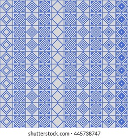 Seamless blue and silver pattern with symmetric geometric ornament. Ethnic abstract background. Mosaic wallpaper. Vector illustration