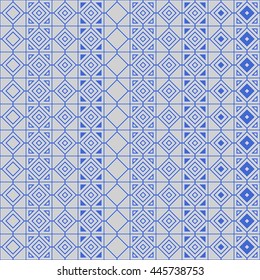 Seamless blue and silver pattern with symmetric geometric ornament. Ethnic abstract background. Mosaic wallpaper. Vector illustration