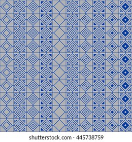 Seamless blue and silver pattern with symmetric geometric ornament. Ethnic abstract background. Mosaic wallpaper. Vector illustration
