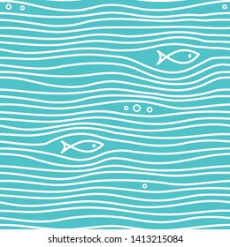 Seamless blue simple pattern with simple fishes and waves. Vector simple marine background. Figure for textiles. Print for the cover of the book, postcards, t-shirts.