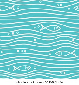 Seamless blue simple pattern with simple fishes and waves. Vector simple marine background. Perfect for wallpaper, texture, cover