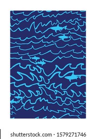 Seamless blue simple pattern with simple fishes and waves. Vector simple marine background. 
